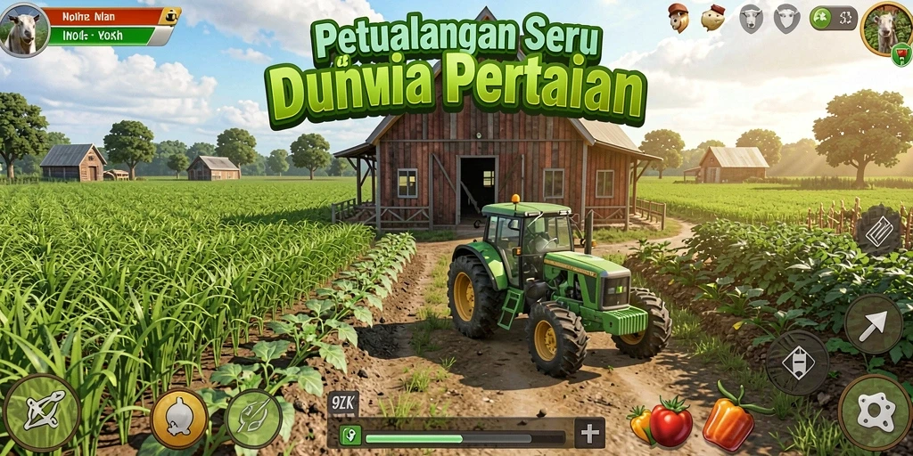 Tangkapan layar gameplay 9ZK menunjukkan ladang hijau yang subur dan hewan peliharaan lucu.