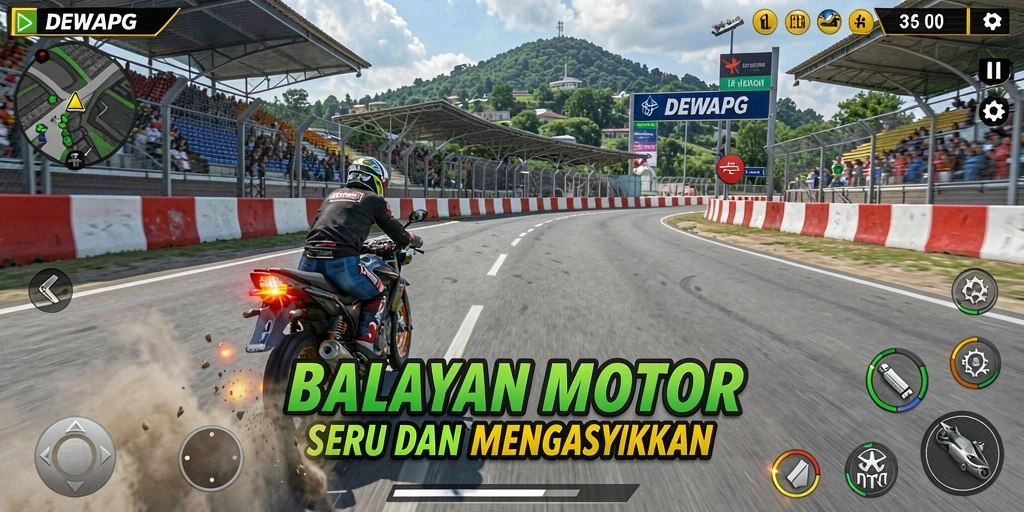 Screenshot dari gameplay DEWAPG yang menampilkan balapan motor yang seru.