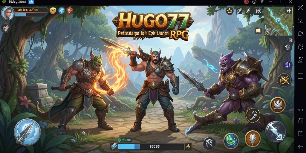 Tangkapan layar utama HUGO77 menampilkan pertempuran yang mendebarkan.
