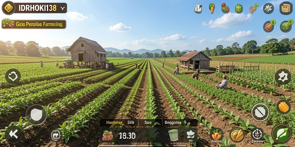 Screenshot gameplay IDRHOKI138 menampilkan kebun yang subur dan hewan ternak yang ceria.