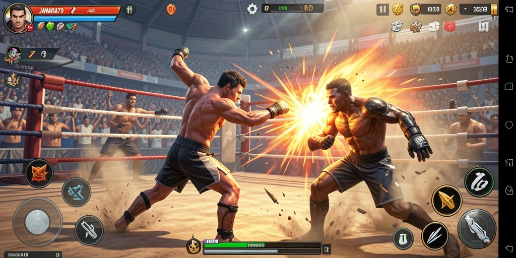 Tampilan gameplay JAWARA79 yang mendebarkan di arena pertarungan.