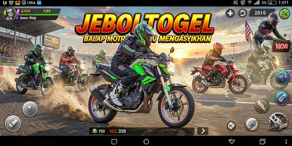 Screenshot utama gameplay JEBOLTOGEL yang menampilkan balap motor yang seru.