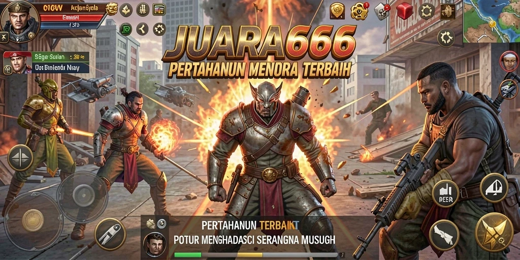Gameplay JUARA666 yang seru dengan menara bertahan melawan serangan musuh.