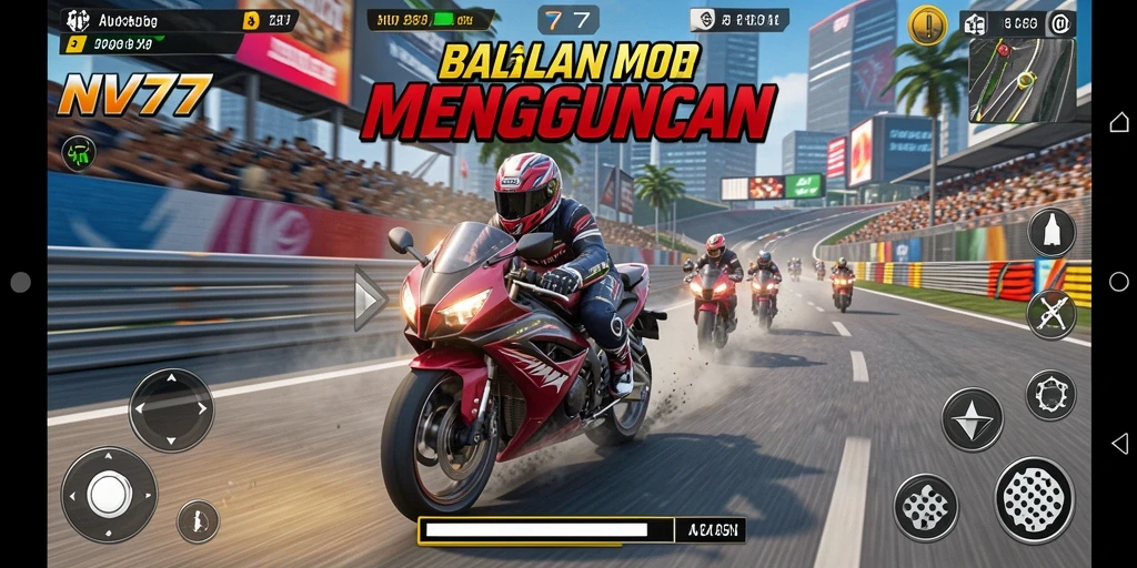 Gameplay NV77 menampilkan aksi balapan motor yang intens dan seru.