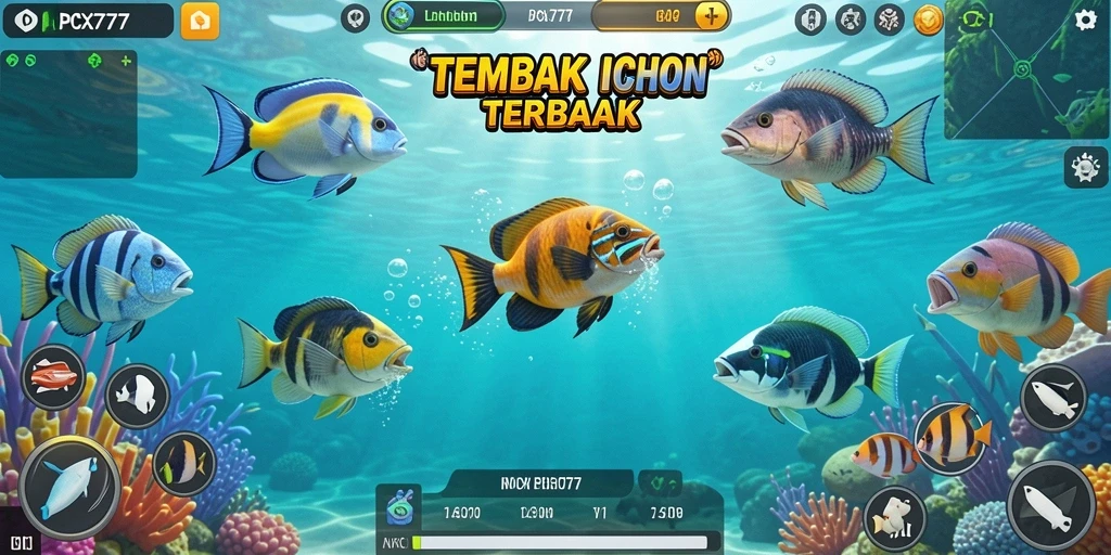 Tampilan gameplay PCX777 dengan berbagai ikan dan senjata menarik.