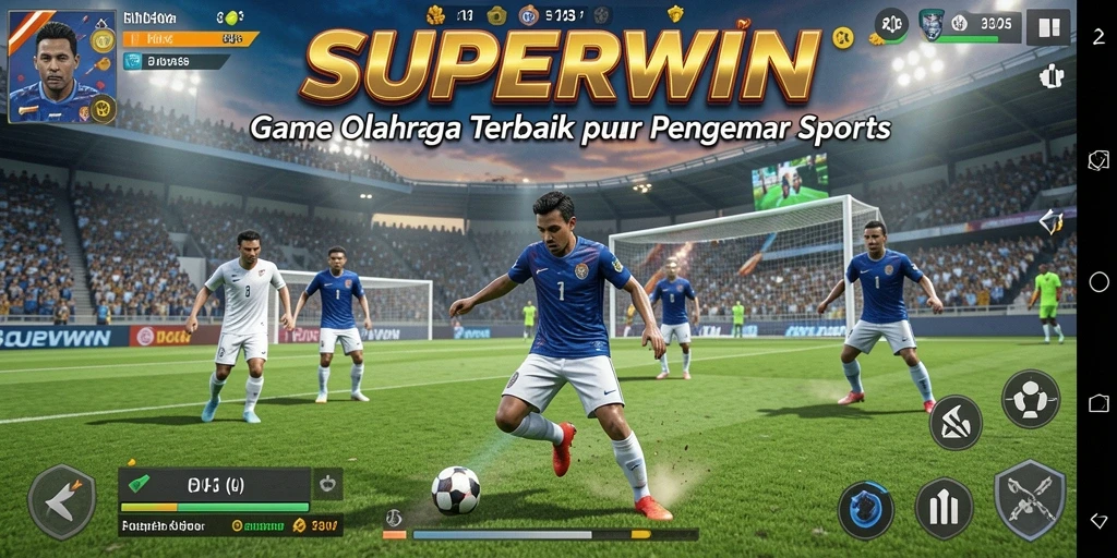 Screenshot menunjukkan gameplay seru dari SUPERWIN dengan aksi olahraga yang menegangkan.