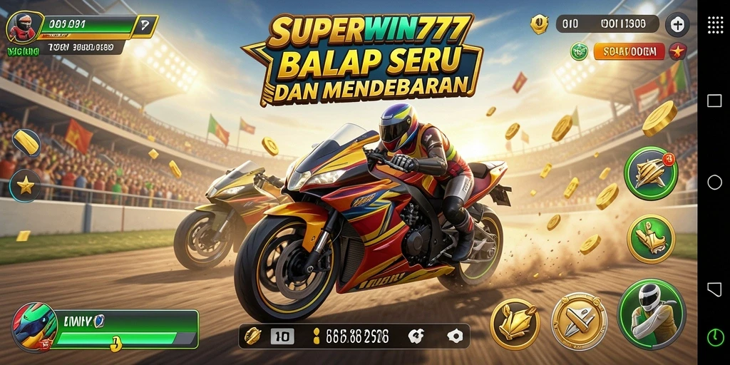Screenshot utama SUPERWIN777 menunjukkan aksi balap mendebarkan.
